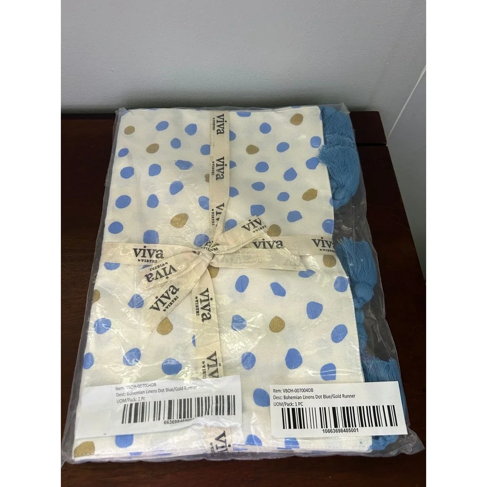 Viva by Vietri Bohemian Linens Table Runner Dot Blue Gold Tassels VBOH-007004DB